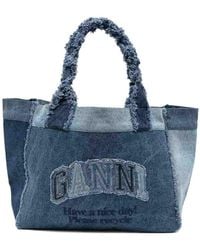 Ganni - Cotton Denim Shopping Bag With Logo - Lyst