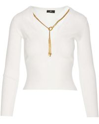 Elisabetta Franchi - Ivory Knit Sweater Rib V-neck Slim - Lyst