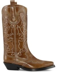 Ganni - Mid Shaft Embroidered Tan Western Boot - Lyst
