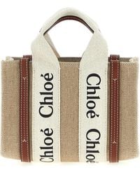 Chloé - Mini Woody Linen Logo Tote Bag - Lyst