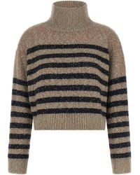Brunello Cucinelli - Wool Cashmere Striped High Neck Cropped Sweater - Lyst