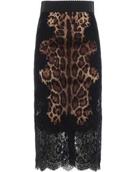 Dolce & Gabbana - Leo Print Silk Satin And Lace Pencil Skirt - Lyst