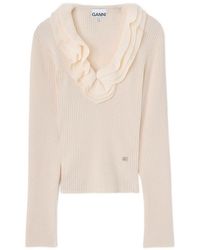 Ganni - Ribbed Merino Wool Frill Sweater - Lyst