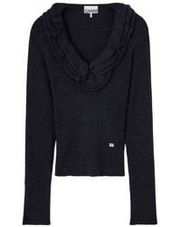 Ganni - Ribbed Merino Wool Frill Sweater - Lyst