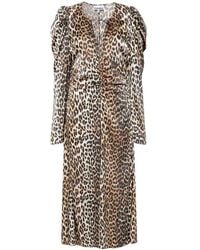 Ganni - Printed Satin Ruched Midi Dress - Lyst
