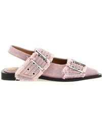 Ganni - Feminine Buckle Fringed Denim Slingback - Lyst