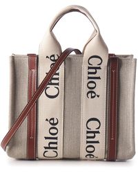 Chloé - Linen Bag With Leather And Logo Details - Lyst