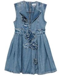 Ganni - Flower Denim Puff Mini Dress - Lyst