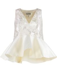 Ganni - Satin Top With Peplum And Cloque - Lyst