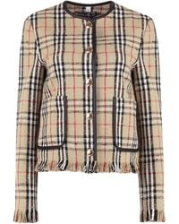 Burberry - Vintage Check Boucle Collarless Leather-trim Wool-blend Jacket - Lyst
