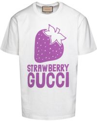 Gucci - Strawberry Logo Printed T-Shirt - Lyst