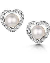 The Diamond Store - Stellato Collection Pearl And Diamond Heart Earrings - Lyst