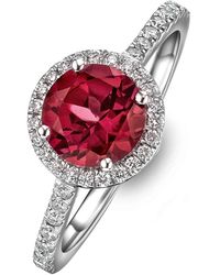 The Diamond Store - Astra 3.60Ct Lab Ruby And Diamond Halo Shoulder Set Round Cut Ring - Lyst