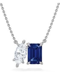 The Diamond Store - Toi Et Moi 1.50Ct Marquise Lab Diamond And 2.50Ct Emerald Cut Lab Sapphire Necklace - Lyst