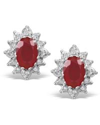 The Diamond Store - Ruby 6 X 4Mm And Diamond Cluster 9K Earrings - Lyst