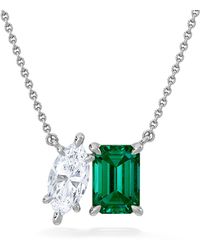 The Diamond Store - Toi Et Moi 1.50Ct Marquise Lab Diamond And 2.50Ct Emerald Cut Lab Emerald Necklace - Lyst