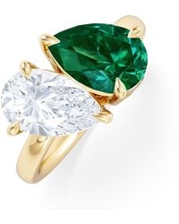 The Diamond Store - Toi Et Moi 1.50Ct Pear Lab Diamond And 2.60Ct Pear Lab Emerald Engagement Ring - Lyst