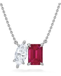 The Diamond Store - Toi Et Moi 1.50Ct Marquise Lab Diamond And 2.50Ct Emerald Cut Lab Ruby Necklace - Lyst