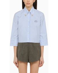 Prada - /blue Striped Cropped Button-down Shirt With Logo - Lyst