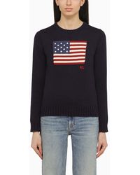 Polo Ralph Lauren - Navy Blue Cotton Crew Neck Sweater With Flag - Lyst