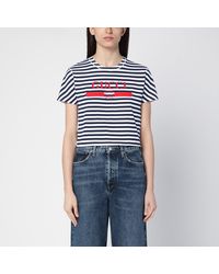 Gucci - /blue Striped Cotton T-shirt With Logo Print - Lyst