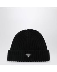Prada - Virgin Wool Beanie With Enamelled Triangle Logo - Lyst
