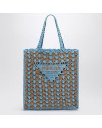 Prada - Sky/Caramel Crochet Tote Bag With Logo - Lyst
