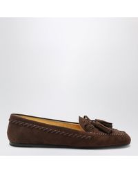 Prada - Suede Moccasin Cacao With Embroidery And Tassels - Lyst