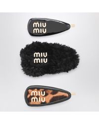 Miu Miu - Schwarzes Haarspangen-Set Aus Leder/Cavallino-Leder/Schaffell - Lyst