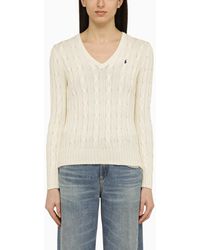 Polo Ralph Lauren - Cream Coloured Cotton Cable Knit Sweater With Logo - Lyst