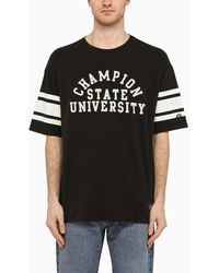 Champion - T-shirt nera/bianca in cotone con ricamo logo - Lyst