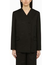 Loulou Studio - Black Double Breasted Jacket In Cotton And Linen - Lyst