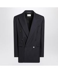 Saint Laurent - Manteau Long Marine En Gabardine De Laine - Lyst