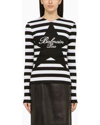 Balmain - Black And White Striped Shirt With Cotton Logo - Lyst