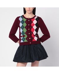 Ganni - Burgundy Checked Cardigan In Cashmere Blend - Lyst