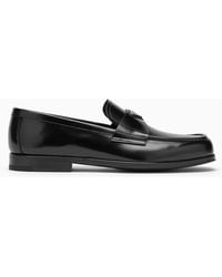 Prada - Black Leather Loafer With Logo - Lyst