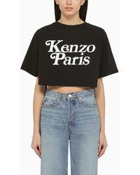 KENZO - T-shirt cropped nera in cotone con logo - Lyst