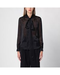 Saint Laurent - Camicia nera in seta con fiocco al collo - Lyst