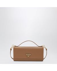 Prada - Caramel-Coloured Saffiano Leather Wallet With Shoulder Strap - Lyst