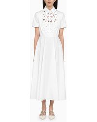 Valentino - Cotton Midi Chemisier Dress With Flower Embroidery - Lyst