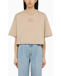 Miu Miu - Cropped Beige Cotton T-shirt With Logo - Lyst