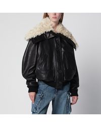 The Attico - Leather Bomber Jacket With Shearling Collar - Lyst