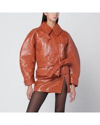 ANDAMANE - Tan Leather Effect Belted Jacket - Lyst