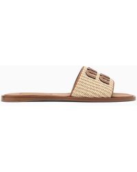 Miu Miu - Beige And Brown Leather Slide Sandal With Logo - Lyst