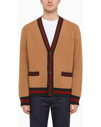Gucci - Camel-coloured Wool Cardigan With Web Ribbon - Lyst