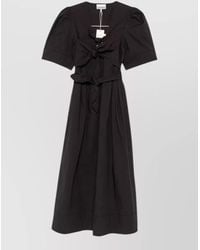 Ganni - Organic Cotton Midi Dress Puff Sleeves Bow - Lyst