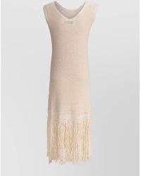 Sandbeige - Knit Dress Sleeveless Design Fringe Hem - Lyst