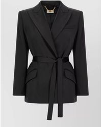 Elisabetta Franchi - Stretch Satin Double-Breasted Belted Blazer - Lyst
