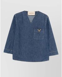 Valentino - Denim V-Neck Long-Sleeve Shirt - Lyst