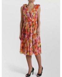 Dolce & Gabbana - Silk Floral-Print V-Neck Pleated Midi Dress - Lyst